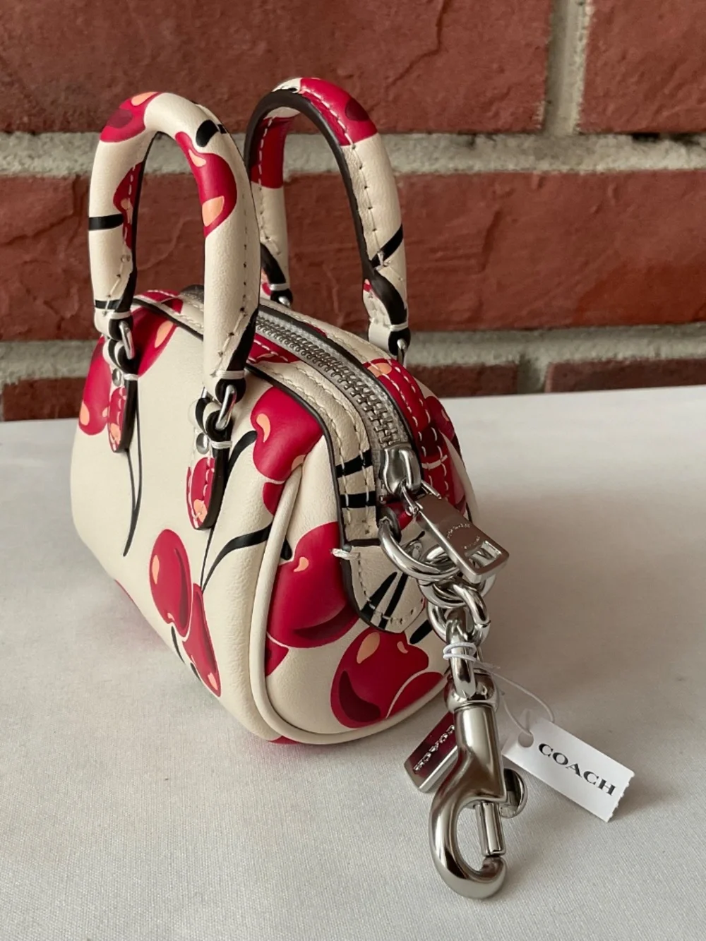 Coach Rowan Mini Bag Charm Cherry Print Leather Silver Hardware Multi NWT - Picture 14 of 16